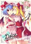  2girls bat_wings blonde_hair blue_hair blush bow cheek_kiss closed_eyes commentary_request cover crystal eyebrows_visible_through_hair flandre_scarlet flower hat hat_bow highres kiss mob_cap multiple_girls one_eye_closed open_mouth petticoat pink_flower pink_headwear puffy_short_sleeves puffy_sleeves red_bow red_eyes red_skirt red_vest remilia_scarlet ribbon rose ruhika short_hair short_sleeves siblings sisters skirt smile standing touhou vest wings wrist_cuffs 