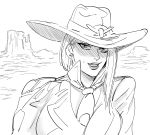  1girl ashe_(overwatch) asymmetrical_hair bb_(baalbuddy) between_breasts breasts cowboy_hat earrings greyscale hat highres jacket jewelry lipstick looking_at_viewer makeup mole mole_under_mouth monochrome necktie necktie_between_breasts overwatch parted_lips shaded_face smile solo upper_body 