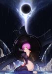  1girl bare_shoulders black_legwear blueorca breasts commentary fate/grand_order fate_(series) hair_over_one_eye highres holding_shield kneeling looking_at_viewer mash_kyrielight moon navel night outdoors purple_eyes rain shield short_hair solo thighhighs toeless_legwear toes 