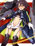  1girl :o ass_visible_through_thighs azur_lane baltimore_(azur_lane) bangs black_legwear black_panties blue_coat blush border braid breasts brown_hair center_opening character_name coat collar commentary_request cowboy_shot dress eyebrows_visible_through_hair faulds french_braid garter_straps gloves groin hair_between_eyes highres hood hood_down hooded_coat large_breasts long_sleeves looking_at_viewer machinery midriff midriff_cutout multicolored_coat navel number open_clothes open_coat panties red_background rigging sebunsu short_hair side_slit sidelocks sleeveless sleeveless_dress solo standing thighhighs turret underboob underboob_cutout underwear white_border white_dress white_gloves wind wind_lift yellow_eyes zipper zipper_pull_tab 