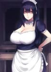  1girl apron bangs bifidus black_hair breasts brown_eyes cleavage detached_collar expressionless eyes_visible_through_hair hand_on_hip huge_breasts long_hair maid maid_headdress original puffy_short_sleeves puffy_sleeves short_sleeves solo underbust waist_apron 