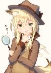  1girl :d afterimage animal_ear_fluff animal_ears bangs black_bow blonde_hair blush bow brown_background brown_headwear brown_jacket brown_vest collared_shirt commentary_request coreytaiyo dated eyebrows_visible_through_hair fang hair_between_eyes hat hat_bow highres holding jacket long_hair long_sleeves looking_at_viewer magnifying_glass monocle necktie open_clothes open_jacket open_mouth original red_neckwear shirt signature simple_background smile solo tail tail_wagging translation_request vest white_shirt yellow_eyes 