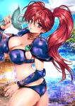  1girl armor artist_name asagiri_youko ass bangs bikini bikini_armor blue_bikini blush breasts choker cleavage earrings gem genmu_senki_leda highres holding holding_sword holding_weapon jewelry large_breasts lips long_hair looking_at_viewer oyaman parted_lips pauldrons red_hair shiny shiny_hair shiny_skin shoulder_armor side_ponytail simple_background solo swimsuit sword thighs vambraces weapon 