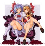  .sin 2girls ascot bare_legs between_legs blonde_hair blue_hair brooch brown_footwear couch crossed_legs flandre_scarlet flower full_body hand_between_legs hat hat_ribbon head_tilt highres jewelry long_hair looking_at_viewer miniskirt mob_cap multiple_girls no_socks no_wings open_mouth puffy_short_sleeves puffy_sleeves red_eyes red_flower red_neckwear red_ribbon red_rose red_skirt red_vest remilia_scarlet ribbon rose sash shirt shoes short_sleeves siblings sisters sitting skirt skirt_set smile touhou vest white_background white_headwear white_legwear white_shirt yellow_neckwear 