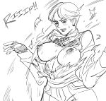  bb_(baalbuddy) blush bow bowtie breasts breasts_outside collared_shirt earrings fingerless_gloves fingernails gloves greyscale hands_up highres jewelry king_(snk) large_breasts looking_down monochrome nipples pants ryuuko_no_ken shirt short_hair simple_background sketch sweatdrop the_king_of_fighters torn_clothes torn_shirt white_background wide-eyed wing_collar 