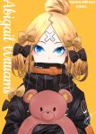  1girl abigail_williams_(fate/grand_order) artist_request bandaid_on_forehead bangs black_bow black_jacket blonde_hair blue_eyes blush bow breasts character_name crossed_bandaids fate/grand_order fate_(series) forehead hair_bow hair_bun heroic_spirit_traveling_outfit high_collar highres holding holding_stuffed_animal jacket long_hair long_sleeves looking_at_viewer multiple_bows object_hug orange_belt orange_bow parted_bangs polka_dot polka_dot_bow simple_background sleeves_past_fingers sleeves_past_wrists small_breasts solo stuffed_animal stuffed_toy teddy_bear yellow_background 