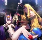  2girls alcohol ankle_ribbon bangs bare_shoulders barefoot blonde_hair blush bob_cut breasts bridal_gauntlets closed_mouth collarbone crossed_legs cup earrings eyeliner facial_mark fate/grand_order fate_(series) feet fingernails floral_print forehead forehead_mark fpanda gourd hair_pulled_back headpiece highres horns ibaraki_douji_(fate/grand_order) japanese_clothes jar jewelry kimono legs licking_lips long_hair long_sleeves looking_at_viewer makeup multiple_girls navel off_shoulder oni oni_horns open_clothes open_kimono pointy_ears purple_eyes purple_hair purple_kimono red_ribbon revealing_clothes ribbon sakazuki sake sharp_fingernails short_eyebrows short_hair shuten_douji_(fate/grand_order) sitting skin-covered_horns slit_pupils small_breasts smile sword tattoo tongue tongue_out weapon wide_sleeves yellow_eyes yellow_kimono 