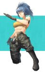  1girl abs blue_hair boots camouflage camouflage_pants gloves highres houjoh_(7th-heaven) leona_heidern midriff muscle muscular_female pants ponytail solo the_king_of_fighters 