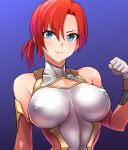  &gt;:) 1girl alternate_costume asymmetrical_bangs bangs blue_eyes blush boudica_(fate/grand_order) breasts clenched_hand closed_mouth covered_navel covered_nipples cowboy_shot fate/grand_order fate_(series) gloves gradient gradient_background grey_leotard impossible_clothes impossible_leotard large_breasts leotard multicolored multicolored_background red_gloves red_hair short_hair short_ponytail skin_tight smile solo taimanin_(series) taimanin_suit upper_body webslinger 