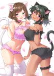  2girls :3 :d animal_ears ass bare_arms bare_shoulders bell black_bra black_panties bra breasts brown_hair cat_ears cat_girl cat_lingerie cat_tail choker cleavage commentary_request criss-cross_halter extra_ears fang flower frilled_bra frilled_choker frills green_eyes green_hair hair_flower hair_ornament halterneck highres idolmaster idolmaster_cinderella_girls jingle_bell kemonomimi_mode kneeling leg_garter looking_at_viewer looking_back maekawa_miku medium_breasts meme_attire mio_(mgr300) multiple_girls natalia_(idolmaster) navel open_mouth panties pink_bra pink_panties purple_eyes short_hair skindentation smile stomach tail thighhighs thighs underwear white_background white_legwear wrist_cuffs 