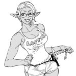  1girl bare_arms bare_shoulders bb_(baalbuddy) brand_name_imitation breasts cleavage dark_elf elf glasses greyscale hand_on_hip highres hooters large_breasts looking_at_viewer mole mole_under_mouth monochrome original pointy_ears rimless_eyewear shirt short_hair shorts simple_background smile solo sword tank_top weapon white_background 