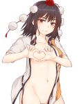  1girl areolae bangs black_hair blush breasts brown_eyes collarbone commentary_request groin hat heart heart-shaped_boob_challenge heart_hands highres looking_at_viewer medium_breasts miyo_(ranthath) navel open_clothes open_shirt pom_pom_(clothes) pussy shameimaru_aya shirt short_hair short_sleeves simple_background solo stomach sweat tassel tokin_hat touhou upper_body white_background white_shirt 