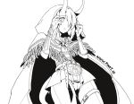  1girl belt belt_buckle bird_skull buckle cloak closed_mouth dungeons_and_dragons feather_trim greyscale hair_over_one_eye highres hood hood_up horns long_hair monochrome pikat skull solo tail thigh_strap tiefling vambraces work_in_progress 