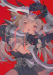  1girl armor black_gloves blush braces breasts chakram cleavage crack dual_wielding gloves grey_hair highres holding holding_weapon long_hair mole mole_on_breast open_mouth original pink_eyes red_background simple_background solo t_lege_d teeth tongue torn_clothes upper_teeth weapon 