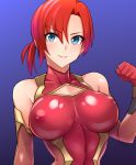  &gt;:) 1girl alternate_costume asymmetrical_bangs bangs blue_eyes blush bodysuit boudica_(fate/grand_order) breasts clenched_hand closed_mouth covered_navel covered_nipples cowboy_shot fate/grand_order fate_(series) gloves gradient gradient_background impossible_clothes impossible_leotard large_breasts leotard multicolored multicolored_background red_bodysuit red_gloves red_hair short_hair short_ponytail skin_tight smile solo taimanin_(series) taimanin_suit upper_body webslinger 
