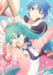  1boy 1girl :p aqua_eyes aqua_hair aqua_skirt blue_eyes blue_hair bow calling cherry_blossoms commentary dated drum drumsticks fan folding_fan hair_bow hand_up hatsune_miku headphones headphones_around_neck hood hoodie instrument jacket kaito long_hair necktie one_eye_closed ooedo_julia_night_(vocaloid) open_mouth petals pink_bow pink_jacket ponytail project_diva_(series) ribbon_girl_(module) school_uniform_parka_(module) shirt sinaooo skirt smile sparkle tongue tongue_out twitter_username upper_body v-shaped_eyebrows very_long_hair vocaloid white_shirt 