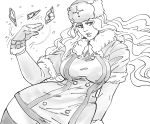  1girl bb_(baalbuddy) breasts coat double-breasted floating_hair fur_trim gloves greyscale hand_up highres kolin large_breasts long_hair looking_at_viewer monochrome parted_lips short_sleeves simple_background solo street_fighter street_fighter_v thighhighs white_background 