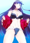  1girl aoba_(smartbeat) bikini black_bikini blue_eyes breasts earrings eyebrows_visible_through_hair fate/grand_order fate_(series) from_below highres jacket jewelry large_breasts long_hair open_jackte purple_hair red_jacket removing_jacket saint_martha saint_martha_(swimsuit_ruler)_(fate) solo sparkle swimsuit very_long_hair 
