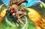  1girl air_current akali alternate_costume arm_tattoo black_hair blurry blurry_background charging_forward dagger dual_wielding eyeshadow facial_tattoo feathered_wings feathers field fringe_trim grass headdress highres holding holding_weapon incoming_attack jewelry joseph_kim league_of_legends lipstick looking_at_viewer makeup motion_blur necklace orange_eyes outdoors pendant red_lips running serious sky sleeveless tattoo tribal weapon wings wrist_wrap yellow_eyes 