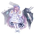  1girl absurdres animal_ears azur_lane blue_eyes blush coat eyebrows_visible_through_hair fake_animal_ears full_body fur_trim hair_ornament hair_ribbon highres long_hair long_sleeves looking_at_viewer open_mouth purple_hair ribbon shirt solo sweater tashkent_(azur_lane) thighhighs turret very_long_hair white_coat white_legwear yato 