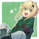  1girl akatsuki_kirika blonde_hair boots green_background green_eyes hair_ornament hairclip senki_zesshou_symphogear sitting smile star ueyasu white_legwear 