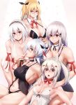  5girls :o antenna_hair arm_ribbon armpits ass ayanami_(azur_lane) azur_lane babydoll bangs bare_shoulders bikini black_bra black_choker black_hair black_panties black_ribbon blonde_hair blush bra breasts butterfly_hair_ornament choker cleavage collarbone commentary_request cowboy_shot crossed_arms detached_collar dunkerque_(azur_lane) eyebrows_visible_through_hair finger_to_mouth frown gradient_hair grey_hair groin hair_between_eyes hair_ornament hair_ribbon hands_on_another&#039;s_shoulders hands_on_own_thighs headgear high_ponytail highres lace-trimmed_hairband large_breasts leaning_forward leaning_on_person long_hair looking_at_viewer midriff multicolored_hair multiple_girls nail_polish navel nelson_(azur_lane) off-shoulder_bra open_mouth orange_eyes oriue_wato panties pink_background pink_nails platinum_blonde_hair ponytail prinz_eugen_(azur_lane) purple_bikini red_eyes red_hair red_nails red_neckwear red_ribbon ribbon ribbon_choker short_hair sideboob sidelocks sideways_glance silver_hair sirius_(azur_lane) small_breasts smile spaghetti_strap streaked_hair swept_bangs swimsuit twintails two-tone_background two_side_up underwear underwear_only very_long_hair white_babydoll white_background white_bra white_hair 