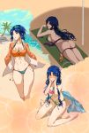  2girls ass ass_visible_through_thighs axia-chan bikini bikini_bottom_removed bikini_top_removed blue_eyes blush breast_tattoo breasts chest_tattoo ciel cleavage collage cropped_legs elesia eyewear_on_head highres large_breasts lips long_hair looking_at_viewer lotion lying multiple_girls navel nose_blush on_stomach palm_tree shadow short_hair sideboob sitting sparkle sunscreen swimsuit swimsuit_under_clothes tan tattoo tree tsukihime very_long_hair wariza 