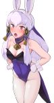  1girl animal_ears bangs bare_shoulders blue_leotard blush boris_(noborhys) breasts bunny_ears bunny_tail bunnysuit cleavage coattails collarbone detached_collar fire_emblem fire_emblem:_three_houses gloves hands_on_hips highres leotard long_hair looking_at_viewer lysithea_von_ordelia medium_breasts open_mouth pantyhose pink_eyes sidelocks simple_background solo strapless strapless_leotard tail thighs white_background white_gloves white_hair white_legwear wrist_cuffs 