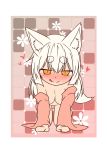  all_fours animal_ears blush breasts chibi cleavage commentary_request eyebrows_visible_through_hair fox_ears fox_girl fox_tail hair_between_eyes heart highres kohaku_(yua) large_breasts long_sleeves looking_at_viewer nude orange_eyes original sleeves slit_pupils tail thick_eyebrows tongue tongue_out white_hair yua_(checkmate) 