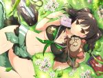  1girl ahoge animal bag black_sailor_collar black_skirt book breasts brown_eyes brown_hair closed_mouth clothes_around_waist flower grass green_neckwear green_sweater hair_ornament heart_ahoge highres holding holding_book large_breasts leaf leaf_hair_ornament long_hair lying misato_(senran_kagura) official_art on_back pontarou_(senran_kagura) raccoon sailor_collar school_bag school_uniform senran_kagura senran_kagura_new_link short_twintails skirt smile solo striped sweater sweater_around_waist tanuki twintails wristband yaegashi_nan 
