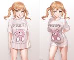  1girl absurdres animal_print bang_dream! bangs bear_print blonde_hair blush breasts commentary_request hair_ornament highres hpb8642 ichigaya_arisa large_breasts long_hair looking_at_viewer multiple_views open_mouth pajamas_challenge shirt smile t-shirt twintails x_hair_ornament 
