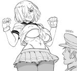  1boy 1girl abs admiral_(kantai_collection) bb_(baalbuddy) breasts covered_nipples cowboy_shot cropped_shirt english_text gloves greyscale groin hair_ornament hair_over_one_eye hairclip hamakaze_(kantai_collection) hands_up hat highres kantai_collection large_breasts miniskirt monochrome navel neckerchief one_eye_covered open_mouth panties pantyhose pantyshot pantyshot_(standing) peaked_cap pleated_skirt school_uniform serafuku short_hair short_sleeves simple_background skirt smile solo_focus standing sweatdrop thigh_gap toned underboob underwear upshirt upskirt white_background 