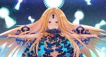  1girl abigail_williams_(fate/grand_order) artist_request bangs bare_shoulders black_bow blonde_hair blush bow breasts fate/grand_order fate_(series) forehead key keyhole long_hair looking_at_viewer multiple_bows nipples open_arms open_mouth orange_bow parted_bangs polka_dot polka_dot_bow red_eyes small_breasts solo space staff star_(sky) 