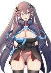  1girl :d azur_lane bangs black_dress black_gloves blue_cape blue_eyes blush breasts cape cleavage commentary_request cowboy_shot dress dress_lift eyebrows_visible_through_hair gloves grey_hair grey_panties hair_between_eyes intrepid_(azur_lane) large_breasts lifted_by_self long_hair looking_at_viewer moepush mole mole_on_breast open_mouth panties raised_eyebrow sidelocks simple_background skindentation sleeveless sleeveless_dress smile solo standing strap thighhighs twintails underwear white_background zettai_ryouiki zipper 