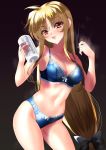  1girl artificial_vagina blonde_hair blue_bra blue_panties bra breasts fate_testarossa highres large_breasts lingerie lips long_hair looking_at_viewer lube lyrical_nanoha mahou_shoujo_lyrical_nanoha motion_lines navel open_mouth panties red_eyes sen_(sansui) sex_toy shiny shiny_hair shiny_skin smile solo standing tenga underwear 