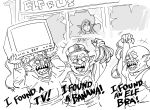  +++ 1girl 3boys :d banana bb_(baalbuddy) broken_window commentary elf english_commentary english_text food fruit goblin greyscale highres long_hair monochrome multiple_boys open_mouth original pointy_ears rioting sharp_teeth smile teeth television 