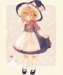  1girl apron black_footwear black_headwear black_skirt blonde_hair bow braid full_body hair_ribbon hand_up hat hat_bow kirisame_marisa long_sleeves mary_janes red_ribbon red_scarf ribbon scarf shirt shoes short_hair single_braid skirt skirt_hold snowflakes snowman socks solo touhou waist_apron white_bow white_legwear white_shirt witch_hat yellow_eyes yujup 