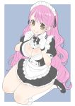  absurdres apron black_footwear black_neckwear blue_background border bow bowtie breasts brown_eyes cleavage cleavage_cutout closed_mouth copyright_request donguri_suzume eyebrows_visible_through_hair gloves hands_up heart_cutout highres kneehighs large_breasts long_hair looking_at_viewer maid maid_apron maid_headdress pink_hair puffy_short_sleeves puffy_sleeves seiza shoes short_eyebrows short_sleeves simple_background sitting smile very_long_hair white_border white_gloves white_legwear 