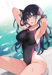  1girl :o armpits arms_behind_head arms_up ayamy bare_arms bare_shoulders black_hair black_swimsuit blue_eyes breasts commentary_request competition_swimsuit covered_navel hair_ornament highleg highleg_swimsuit highres large_breasts long_hair looking_at_viewer miyawaki_sana multicolored_hair one-piece_swimsuit open_mouth original poolside sitting solo swimsuit thighs tongue tongue_out two-tone_hair water wet work_in_progress x_hair_ornament 