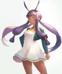  1girl alternate_costume commentary_request cowboy_shot dark_skin dress earrings facial_mark fate/grand_order fate_(series) hairband highres hoop_earrings jewelry long_hair long_sleeves low-tied_long_hair nitocris_(fate/grand_order) otsukemono purple_eyes purple_hair shrug_(clothing) sidelocks simple_background solo twintails white_dress 