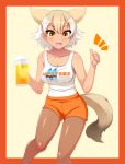  1girl :d alcohol alternate_costume animal_ears bare_arms bare_legs bare_shoulders beer beer_mug border breasts brown_eyes camisole cleavage clothes_writing collarbone coyote_(kemono_friends) coyote_ears coyote_tail cup employee_uniform extra_ears eyebrows_visible_through_hair fang feet_out_of_frame foam hair_between_eyes hands_up highres holding holding_cup hooters kemono_friends light_brown_hair looking_at_viewer medium_breasts medium_hair multicolored_hair open_mouth orange_shorts shorts smile solo tail tan thumbs_up totokichi two-tone_hair uniform white_camisole white_hair 