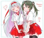  2girls ^_^ ^o^ anbutter_siruko black_legwear blush closed_eyes cowboy_shot green_eyes green_hair grin hair_between_eyes hair_ribbon hakama hakama_skirt headband heart heart_hands heart_hands_duo japanese_clothes kantai_collection long_hair multiple_girls one_eye_closed open_mouth red_hakama red_headband ribbon short_hair short_sleeves shoukaku_(kantai_collection) silver_hair smile thighhighs twintails white_ribbon zuikaku_(kantai_collection) 