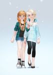  2girls anna_(frozen) bangs bare_legs black_footwear black_legwear black_shirt blonde_hair blue_background blue_eyes blue_shorts blush braid checkered checkered_shirt closed_mouth collarbone disney elsa_(frozen) family frozen_(disney) full_body gradient gradient_background hand_on_another&#039;s_arm headphones headphones_around_neck highres jane_mere long_hair long_sleeves looking_at_viewer multiple_girls open_clothes open_shirt orange_hair parted_lips shadow shirt shoes shorts siblings simple_background single_braid sisters sleeves_rolled_up smile sneakers snowing twin_braids walking 