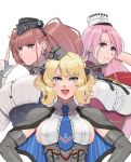  3girls armpit_cutout atlanta_(kantai_collection) black_headwear blonde_hair blue_eyes blue_neckwear breasts brown_hair capelet colorado_(kantai_collection) commentary_request dress dress_shirt earrings elbow_gloves garrison_cap gloves grey_dress grey_eyes grey_headwear hat headgear highres index_finger_raised jewelry kantai_collection kuroiani large_breasts long_hair luigi_di_savoia_duca_degli_abruzzi_(kantai_collection) multicolored_hair multiple_girls necktie partly_fingerless_gloves pink_hair pleated_dress purple_eyes red_hair shirt short_hair side_braids sideboob simple_background sleeveless star star_earrings streaked_hair two_side_up upper_body white_background white_gloves white_shirt 