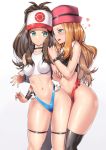  2girls :d bare_shoulders black_legwear blonde_hair blue_eyes blush bracelet breasts brown_hair character_request choker frills green_eyes hat heart heart-shaped_pupils jewelry long_hair multiple_girls nagase_haruhito navel open_mouth pokemon simple_background smile symbol-shaped_pupils teeth thighhighs vest visor_cap white_background 