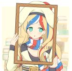  1girl absurdres beret blonde_hair blue_hair commandant_teste_(kantai_collection) double-breasted dress french_flag french_text hat highres kantai_collection long_hair looking_at_viewer multicolored multicolored_clothes multicolored_hair picture_frame plaid plaid_scarf pom_pom_(clothes) red_hair scarf shonasan solo streaked_hair wavy_hair white_hair 