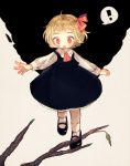  ! 1girl black_footwear black_skirt black_vest blonde_hair blush branch darkness full_body hair_ribbon long_sleeves mary_janes open_mouth outstretched_arms red_eyes red_neckwear red_ribbon ribbon rumia shirt shoes short_hair skirt socks solo spoken_exclamation_mark touhou vest white_background white_legwear white_shirt yujup 