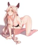  1girl all_fours animal_ear_fluff animal_ears arknights bangs bare_arms bare_shoulders barefoot black_bra bottomless bra breasts commentary deer_ears eyebrows_visible_through_hair gitano_(arknights) green_eyes large_breasts long_hair shadow silver_hair solo strap_slip thighs underwear very_long_hair yamauchi_(conan-comy) 