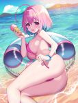  1girl absurdres ahoge ass bikini blue_hair blush breasts cleavage commentary food hawah127 highres ice_cream ice_cream_cone idolmaster idolmaster_cinderella_girls in_water innertube large_breasts looking_at_viewer mountain multicolored_hair ocean open_mouth pale_skin pink_bikini pink_hair short_hair solo swimsuit tearing_up two-tone_hair yumemi_riamu 