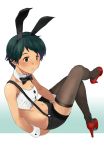  1girl animal_ears black_hair black_legwear black_neckwear black_shorts bow bowtie breasts bunny_ears bunny_girl crop_top detached_collar gradient gradient_background green_eyes high_heels highres kantai_collection looking_to_the_side mogami_(kantai_collection) red_footwear short_hair shorts small_breasts smile solo suspenders thighhighs tooku_nomura_(artist) white_background wrist_cuffs 